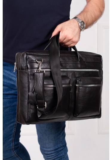 Newish Polo Erkek Siyah Hakiki Deri Evrak Notebook Çantası Siyah