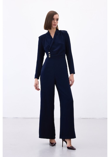 Sateen Fiyonk Aksesuarlı Krep Tulum - Lacivert-136703 Lacivert