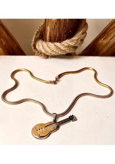 Kalın Çelik Burgu Zincir-gitar Figürlü Unisex Çelik Kolye 55cm Altın - Gümüş
