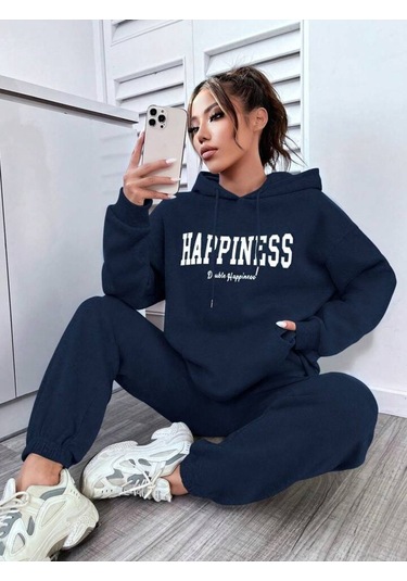 Happiness Eşofman Takımı Sweatshirt Jogger - Lacivert Baskılı Oversize Şardonlu Kapüşonlu Lacivert