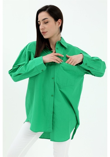 Tek Cepli Kolları Katlı Oversize Kalın Keten Gömlek - Yeşil-yeşil Yeşil
