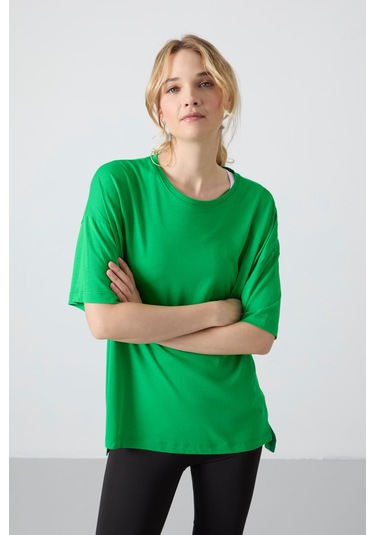 Tommy Life Yeşil Penye Modal Yumuşak Tuşeli Oversize Fit Basic Kadın T-shirt- 97285 Yeşil