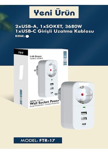 Ftr017 3in1 Termal Akım Korumalı 2usb-a 1soket 3680w 1 Pd Type