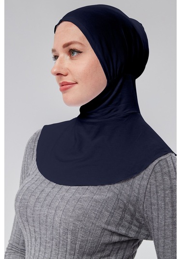 Kadın Pratik Tesettür Sporcu Boyunluklu Hijab Geçmeli Bone Penye Kumaş Lacivert