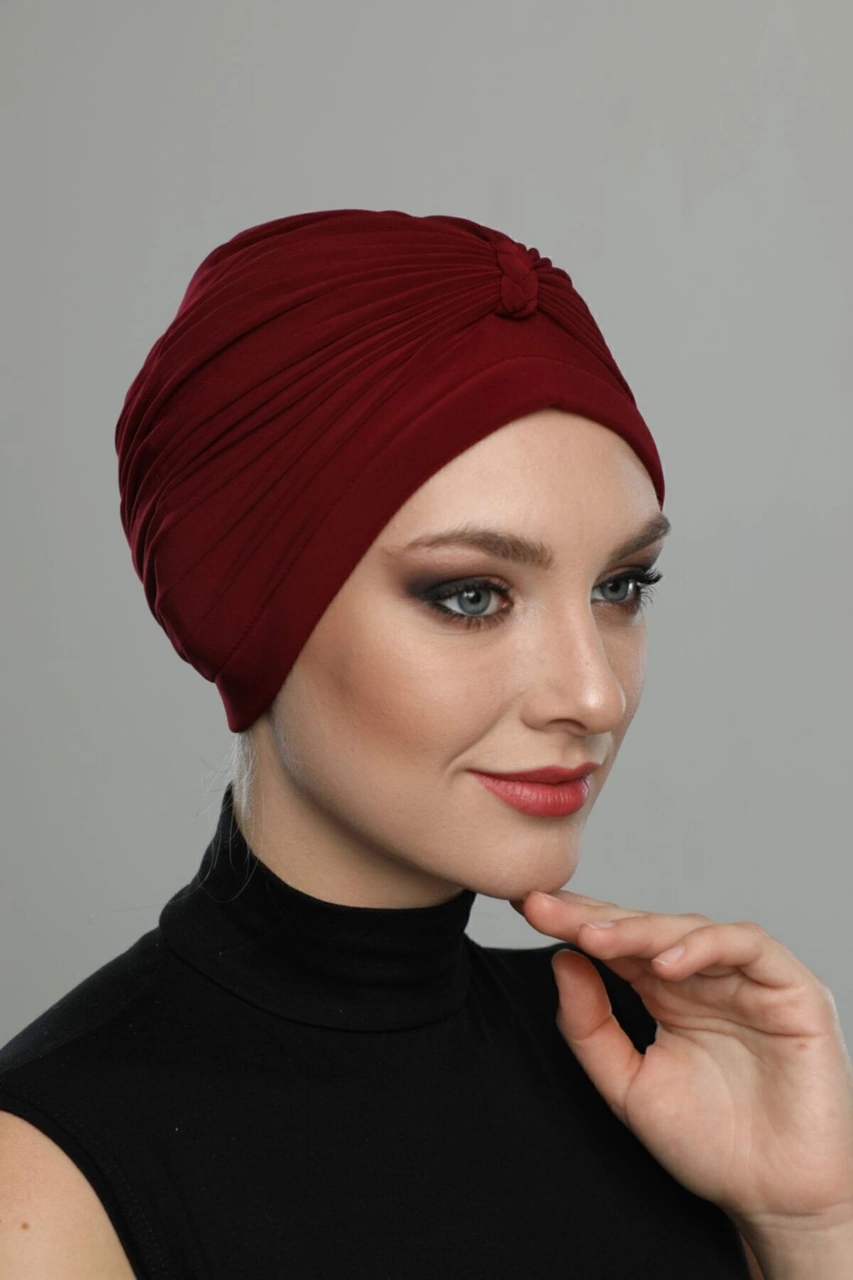 Örgülü Bordo Hazır Türban Tesettür Havuz Bonesi Bordo