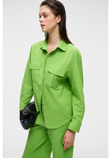 RIGO Kadın Gömlek Yaka Uzun Kol Regular Uzun İnce Yeşil Gömlek