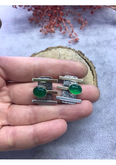 Nsa Gümüş Yeşil Akik Taşlı 925 Ayar Doğal El İşi Gümüş Set