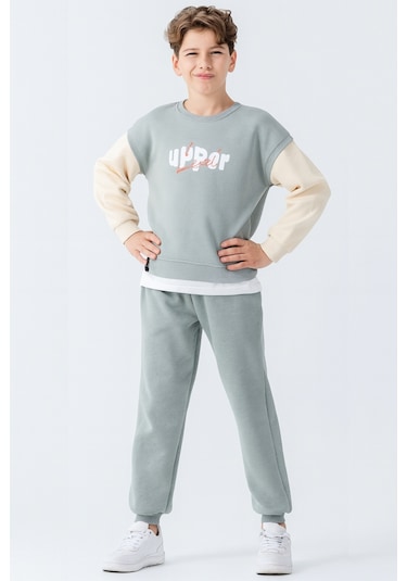 Erkek Çocuk Upper Baskılı 3 İplik Kalın Kışlık Eşofman Takımı Ak4231 Yeşil