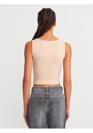 Dilvin 20983 Düğmeli Kare Yaka Top-açık Bej Açık Bej