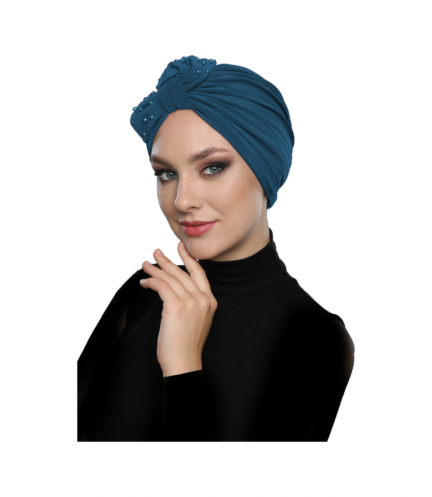 Kristal Yelpaze Taş Işlemeli Çift Taraflı Astarlı Petrol Hazır Türban Tesettür Abiye Bone Petrol