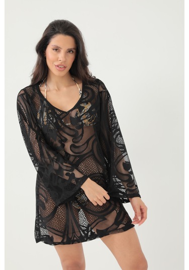 Kolları Volanlı Şal Desen Elbise Siyah