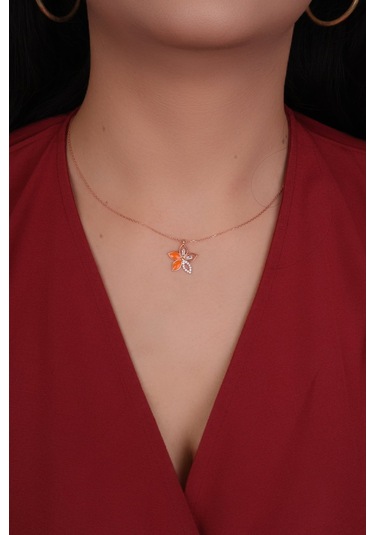 Encili Silver 925 Ayar Gümüş Turuncu Mineli Lotus Çiçeği Model Rose Renk Kadın Kolye Rose
