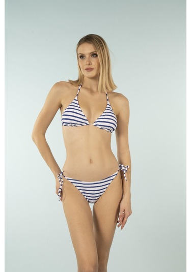 Estiva Parlak Üçgen İpli Bikini Takımı - Lacivert Çizgili