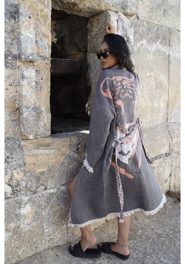 Elif Towels Özel Tasarım Antrasit Renk Kaplan Desenli Kimono Kaftan Antrasit