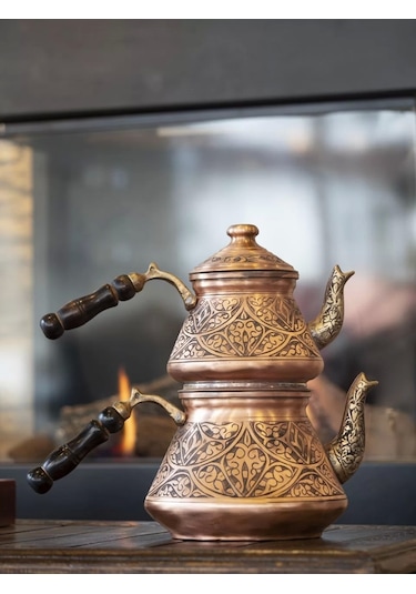 Bakır Çaydanlık Ağır İşlemeli Mat Bakır Renk