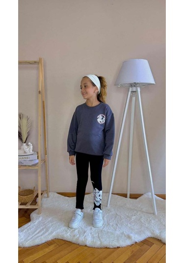 Kız Çocuk Bisiklet Yaka Pamuk Taytlı Eşofman Takımı Füme