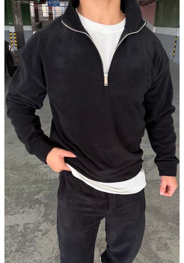 Mass Plus Unisex Slimfit Yarım Fermuarlı Dik Yaka Polar Sweatshirt Siyah