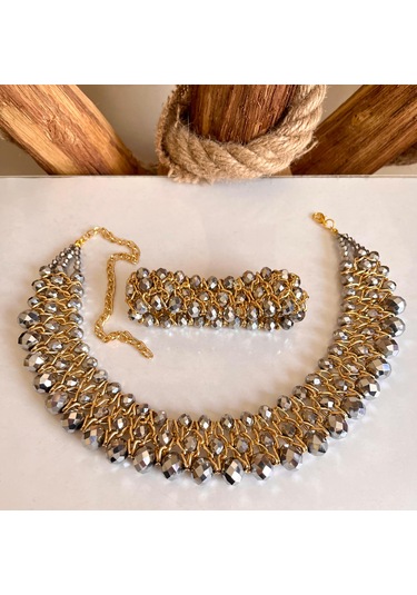 Rose Kristal Taşlı Türk El Yapımı Gerdanlık Kolye Ve Bilezik Set Rose Gold