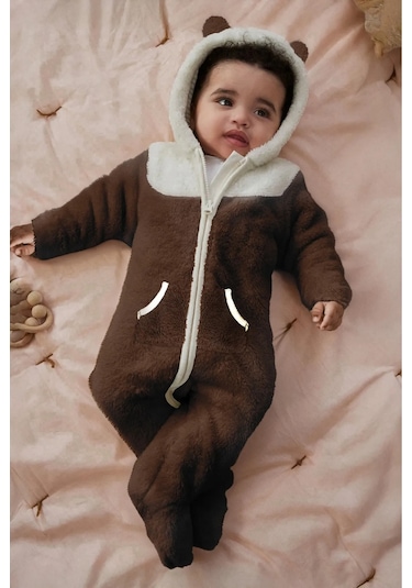 Luess Peluş Kulak Detaylı Unisex Bebek Tulum - Kahverengi