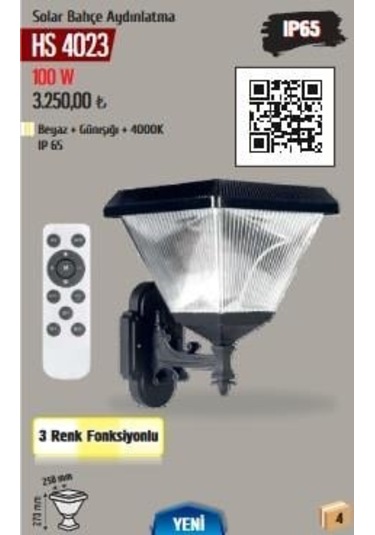 Helıos 100w 3renk Beyaz+4000k+günışığı Led Solar Aplik Hs-4023