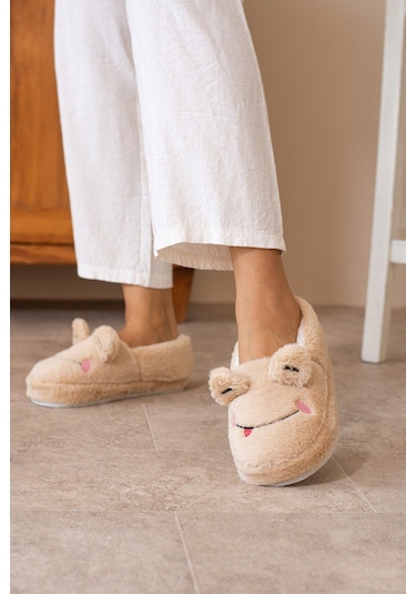 Albishoes Kışlık Içi Tüylü Kadın Ev Ayakkabı Kurbağa Figürlü Kaydırmaz Rahat Taban Panduf Ev Botu Bej
