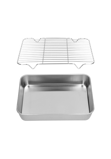Geeroyoo Stainless Steel Fırın Tepsisi Ve Izgara Seti - Derin Kenarli, Yemekleri Tutar, Yağ/suyu Akıtır - 23.5x17.5x5 Cm Sağlıklı Materyal Diğer