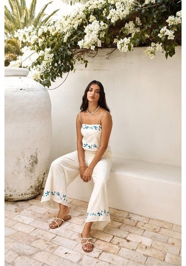 Yaz Desenleri İnce Askı Bluz Pantolon 2li Bohem Takım Beyaz