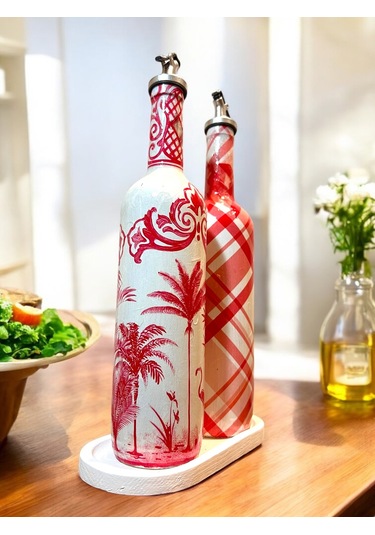 El Yapımı Kırmızı Beyaz Yağdanlık Seti Flamingo Ekose Desenli Cam Şişe, Dekoratif Mutfak & Sofra Ü Açık Pembe