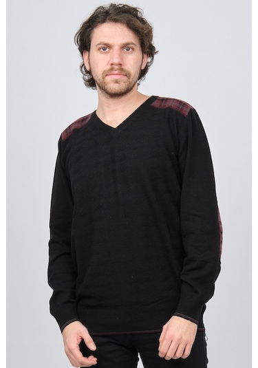 Desen Triko Erkek V Yaka Saf Yün Kazak 0246538 Siyah Siyah