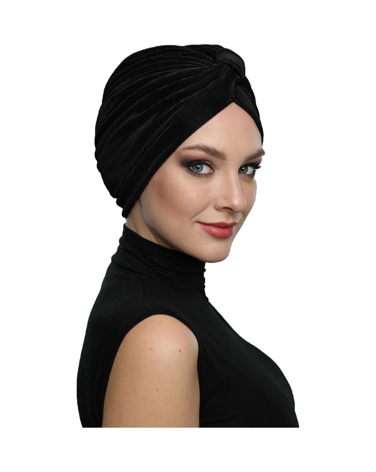 Çapraz Plise Bantlı Astarlı Siyah Hazır Türban Tesettür Havuz Bonesi Siyah