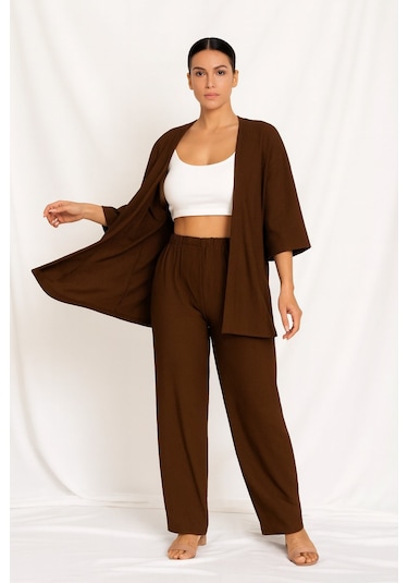 Bürümcük Kumaş Kimono Hırka Alt-üst Takım M-6xl Kahverengi