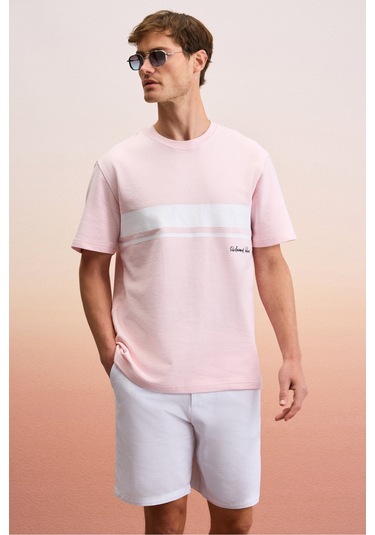 LAMINE Erkek Baskı Ve Nakış Detaylı %100 Organik Pamuk Bisiklet Yaka Kısa Kollu Regular Fit Pembe T-