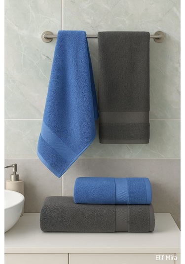 4 Lü Banyo Havlusu Seti %100 Pamuklu 70x140 Cm Pleasure Antrasit-Mavi