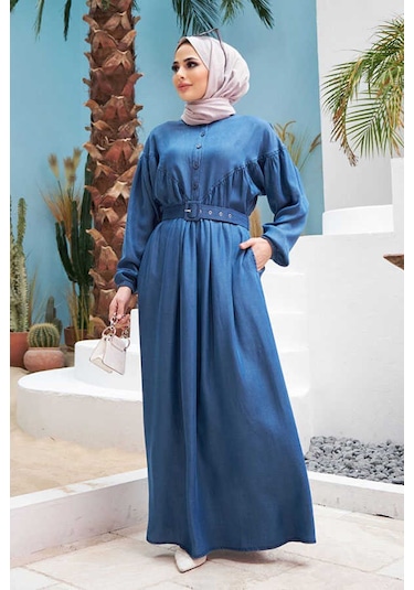 Neways 6586-Büzgülü Elbise Koyu Mavi