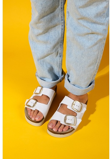 Harbor Beyaz Süet Çift Bantlı Hakiki Deri Kadın Kalın Tabanlı Terlik Beyaz