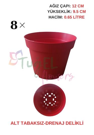 8 Adet Kırmızı Plastik Saksı 12 Cm.lik Alt Tabaksız