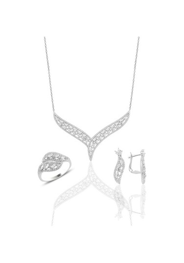 Gümüş Rodyumlu Pırlanta Modeli Beyaz Altın Görünümlü Kolye Küpe (535069120)