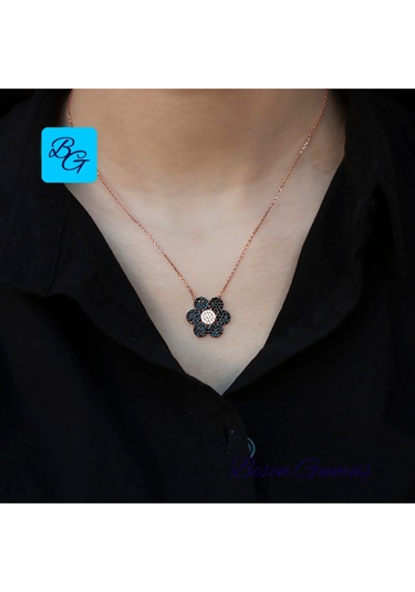 Oniks Zirkon Taşlı Rose Çiçek Kolye Rose - Gold -  Gümüş