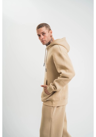 Unisex Double Oversize Kapşonlu Basic Sweatshirt - Bej Siyah