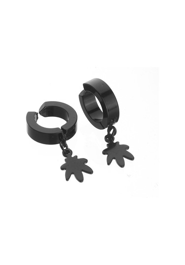 Erkek Küpe Çelik Sıkıştırmalı Siyah Yaprak Takı Aksesuar P24 T5 Çelik