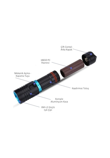 Valkyrie Profesyonel Şarjlı Su Altı Dalış Feneri Metal Kasa Yüksek Aydınlatma Su Geçirmez 2000mah Kutulu