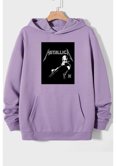 Unisex Metalica Baskılı Oversize Sweatshirt Lila