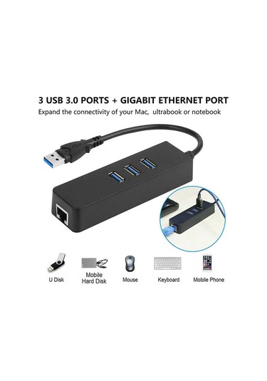 3 Port Usb 3.0 Hub Çoklayıcı Usb Gigabit Ethernet Rj45 1000Mbps
