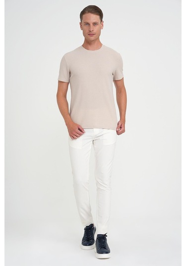 Comfort Fit Bisiklet Yaka Fitilli Kısa Kol Bej Tişört Ts 912 Bej