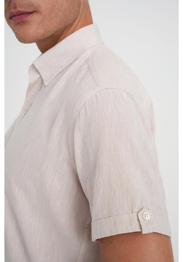 Comfort Fit Düğme Yaka Kısa Kol %100 Keten Düz Bej Gömlek G 1596 Bej