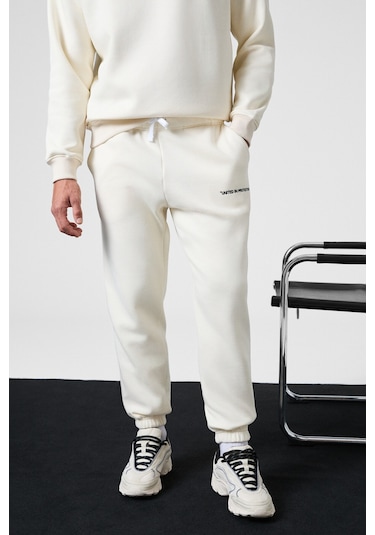 MARSHALL Erkek Pamuklu İçi Polarlı Nakışlı Relaxed Ekru Eşofman Takımı