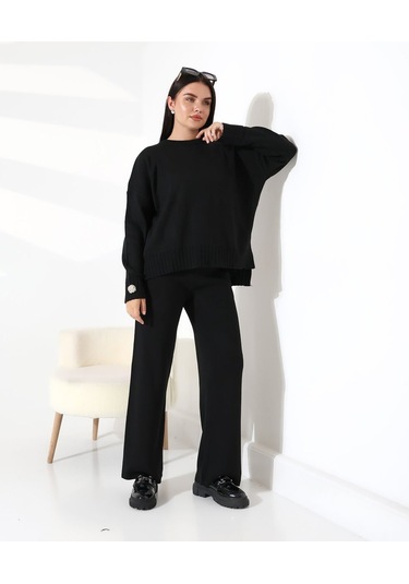 Rahat Kalıp Kol Detaylı Triko Takım Siyah