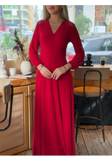 Kadın Kruvaze Yaka Maxi Boy Elbise Kırmızı