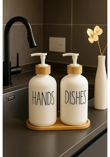 2'li Seramik Sıvı Sabunluk Seti Bambu Kapaklı Ve Standlı 550 Ml Hands & Dishes Mutfak Sabunluk Seti Beyaz - Şeffaf