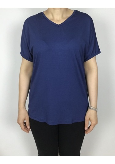 Kısa Kol V Yaka Likralı Düz Penye Bluz Mavi